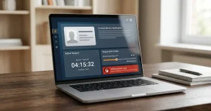 Laptop account screen beside an identity card silhouette, timer and limit controls