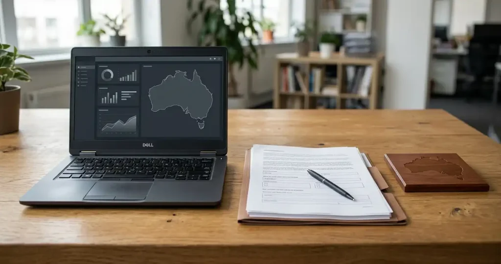 Regulatory documents beside a laptop and an Australian map outline