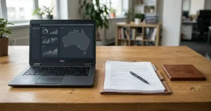 Regulatory documents beside a laptop and an Australian map outline