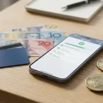 Bank card, phone payment screen and cryptocurrency tokens beside an Australian dollar note