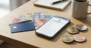 Bank card, phone payment screen and cryptocurrency tokens beside an Australian dollar note