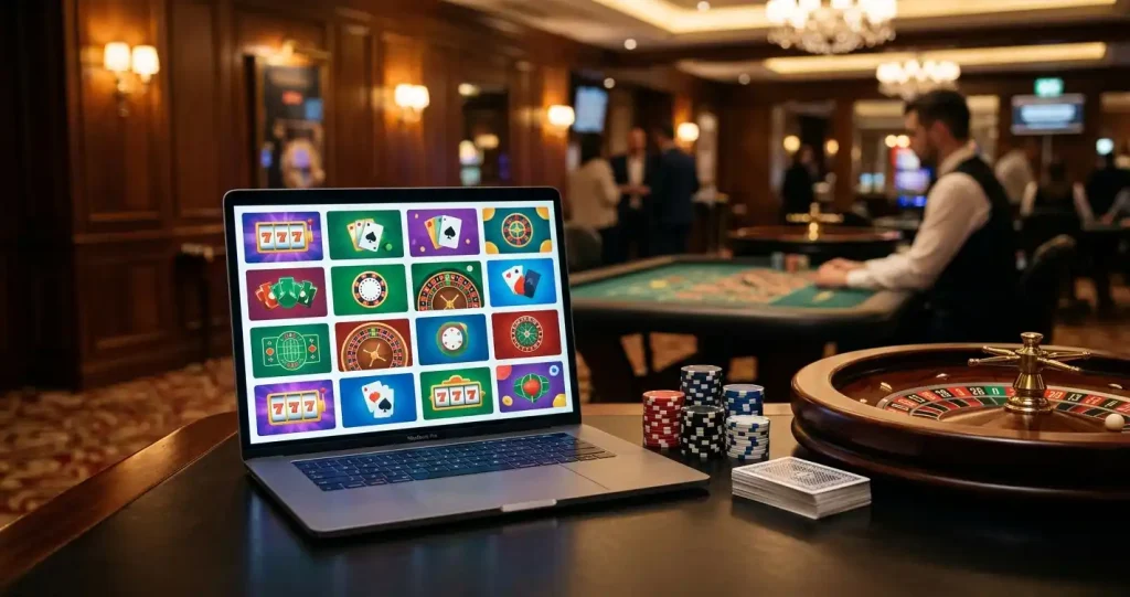 Casino game lobby shown on a laptop beside playing cards, chips and a roulette wheel