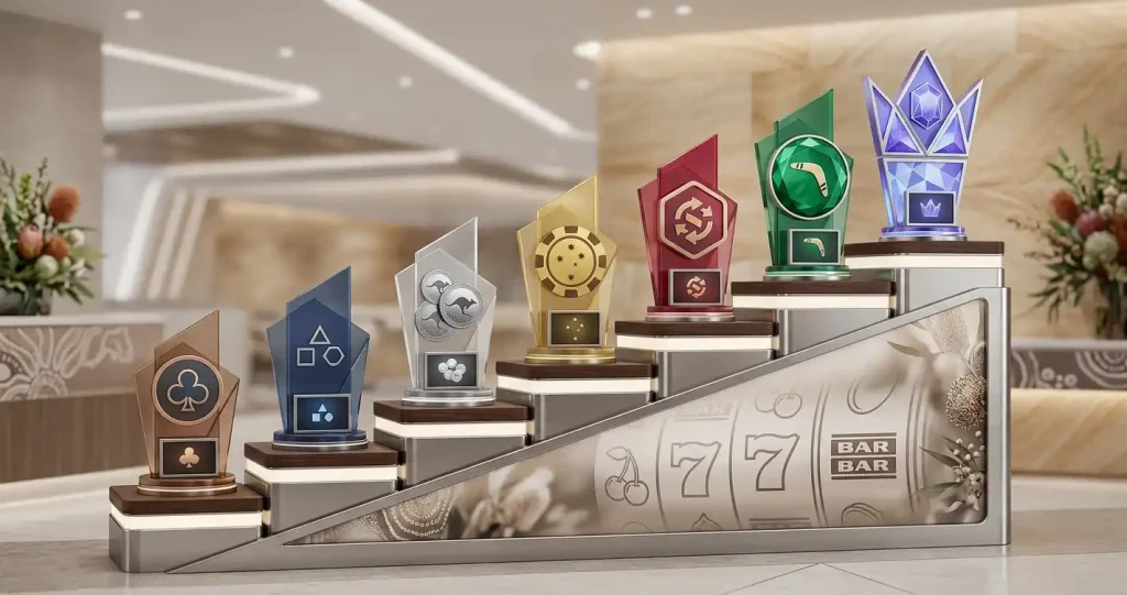 Seven ascending loyalty markers beside casino game symbols and reward tokens