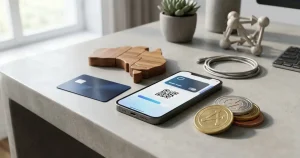 Bank card, digital wallet and cryptocurrency symbols arranged around a payment terminal
